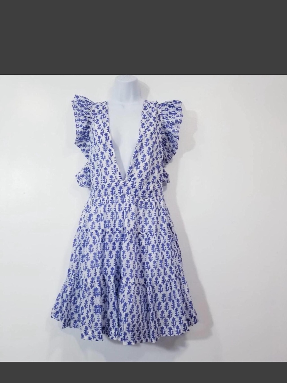 Oliphant Blue and White Floral V-Neck Ruffle Mini Dress